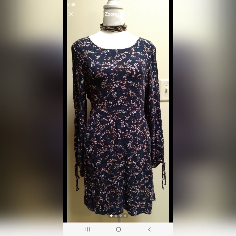 American Eagle Outfitters Navy Blue Floral Babydoll Dress Long Slit Sleeves
